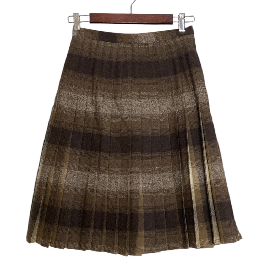 Handmade Pleated Skirt Womens XS Brown Tan Plaid Wool Nerdcore Librarian Fall